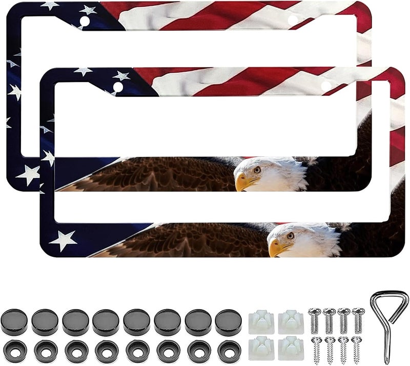 LIN KANG American Flag Eagle License Plate Frame Holder - 2 Pack Patriotic Universal Aluminum Matte Stripe US Flag Gloss Car Tag Frame Holder Accessory with Screws Fasteners Caps - Image 1